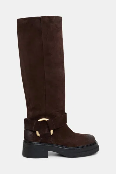 Dorothee Schumacher Tall Waxed Suede Combat Boots With Signature D-ring In Brown