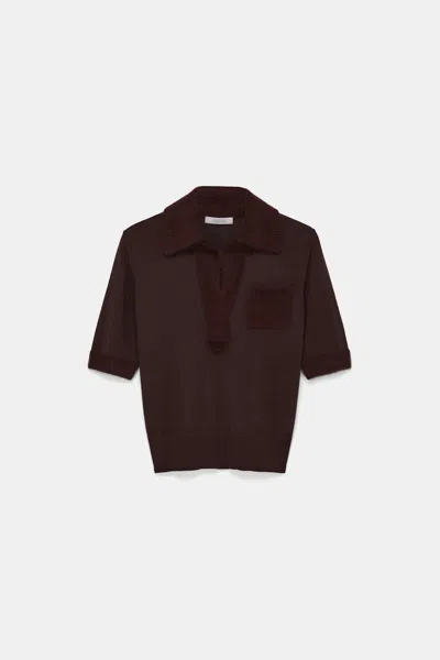 Dorothee Schumacher Virgin Merino Open Collar Knit Top In Brown