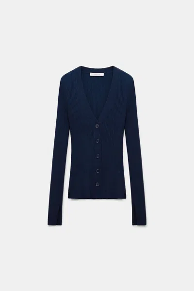 Dorothee Schumacher Wool-silk Blend Ribbed Cardigan In Blue
