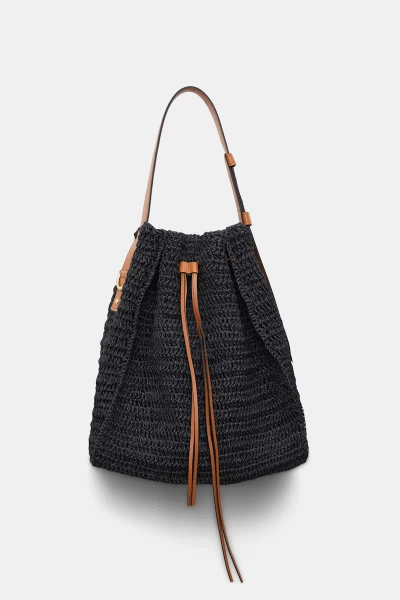 Dorothee Schumacher Woven Raffia Drawstring Satchel With Leather Detailing In Black