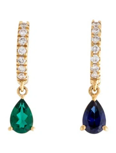 Pre-owned Dorsey 14k Synthetic Sapphire, Synthetic Emerald & Lab-grown Diamond Pear Drop Huggie Earrings In Multicolor