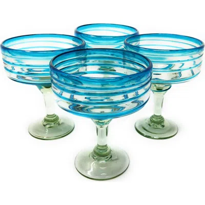Dos Sueños Hand Blown Spiral Design Margarita Glasses (16 Oz) In Blue