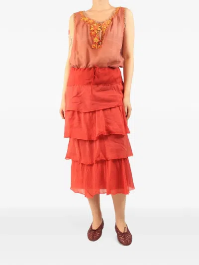 Pre-owned Dosa Tiered Drawstring Midi Skirt In 红色