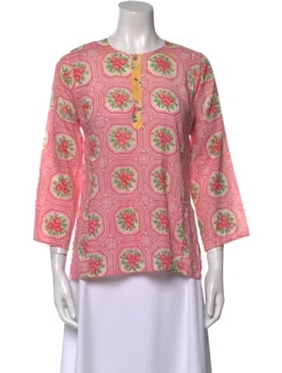 Pre-owned Dosa Floral Print Crew Neck Blouse In Pink