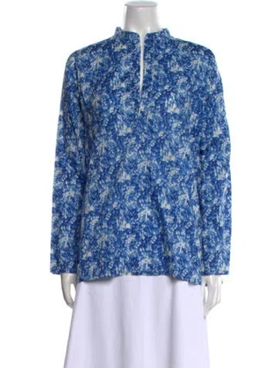 Pre-owned Dosa Floral Print Mock Neck Blouse In Blue