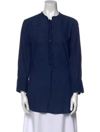 Pre-owned Dosa Mock Neck Long Sleeve Button-up Top In Blue