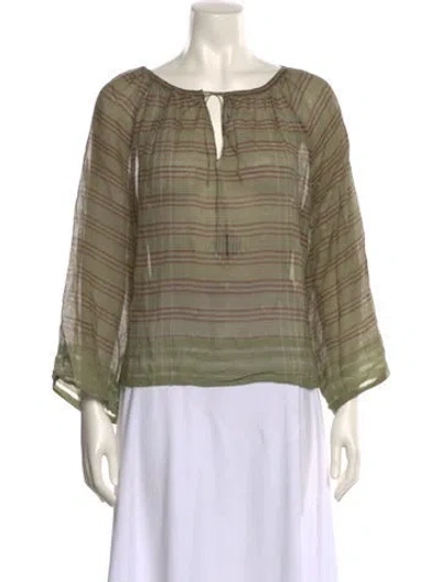 Pre-owned Dosa Plaid Print Bateau Neckline Blouse In Green