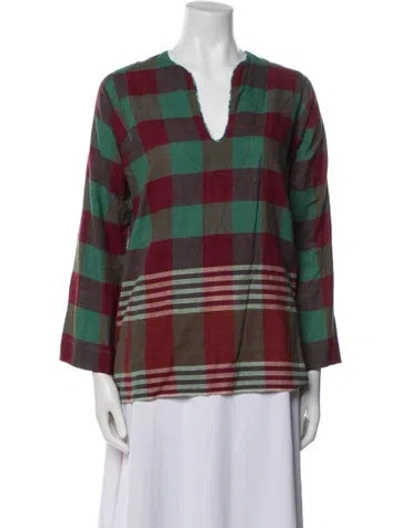 Pre-owned Dosa Plaid Print V-neck Blouse In Green