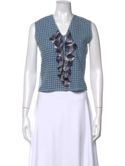Pre-owned Dosa Plaid Print V-neck Top In Blue