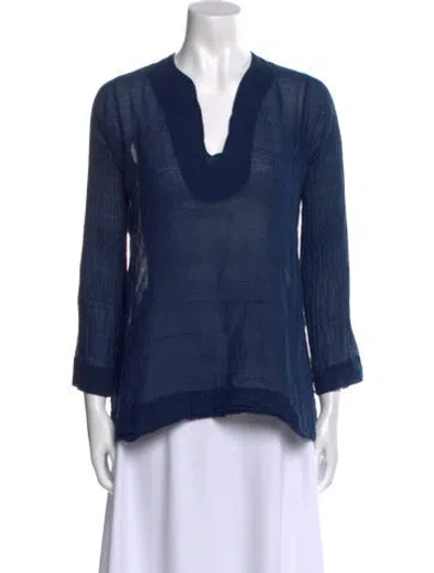 Pre-owned Dosa V-neck Three-quarter Sleeve Blouse In Blue
