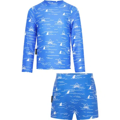 Dot Australia Kids' Shark Long Sleeve Two-piece Rashguard Swimsuit In Blue