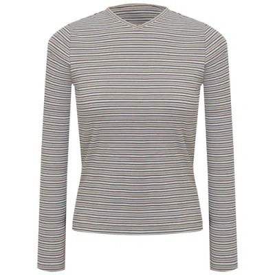 Dot Dolman V-neck Striped Long Sleeve Tee In Brown