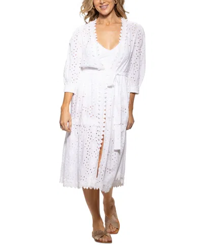 Dotti Women's Cotton Eyelet Open-front Cover-up Kimono In White