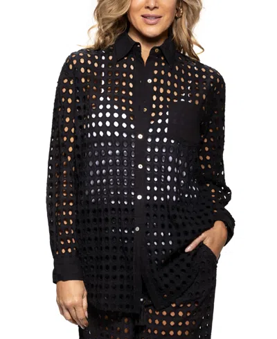 Dotti Women's Cotton Openwork Dot Cover-up Beach Shirt In Black