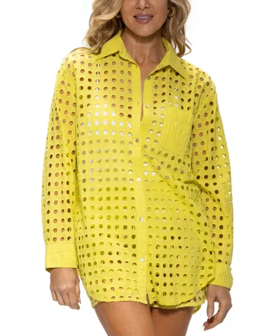 Dotti Women's Cotton Openwork Dot Cover-up Beach Shirt In Citrine