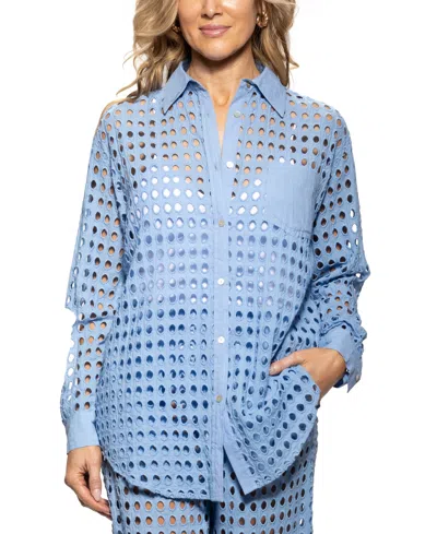 Dotti Women's Cotton Openwork Dot Cover-up Beach Shirt In Light Blue