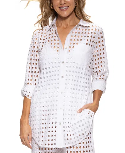 Dotti Women's Cotton Openwork Dot Cover-up Beach Shirt In White