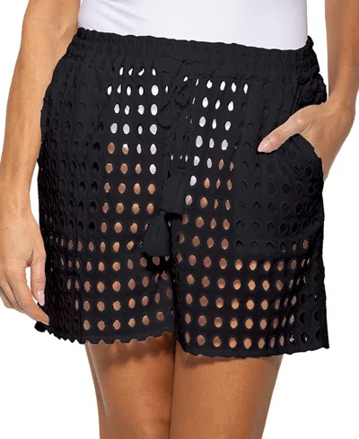 Dotti Women's Cotton Openwork Dot Drawstring-waist Shorts In Black