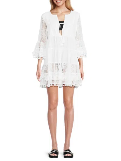 Dotti Women's Lace Tiered Mini Cover Up Dress In White