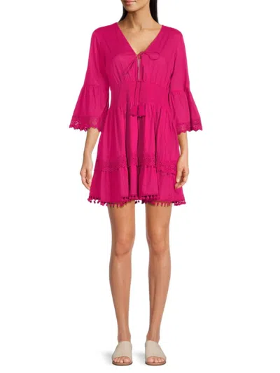 Dotti Women's Lace Trim Smocked Mini Cover Up Dress In Bright Pink