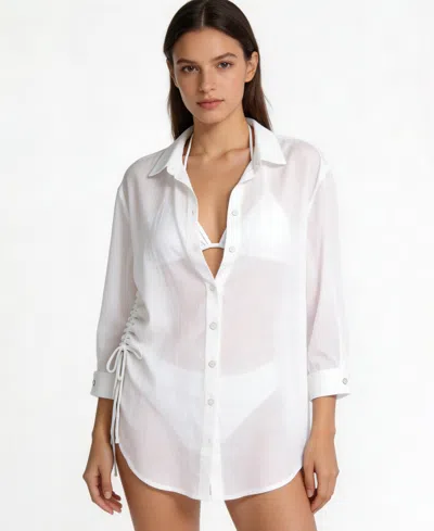 Dotti Women's Long-sleeve Collared Cover Up Beach Swim Cover Up Shirt In White