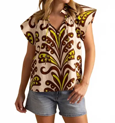 Double A Em Flutter Sleeve Blouse In Green And Brown In Neutral