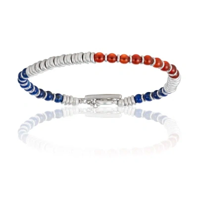 Double Bone Bracelets Men's Blue Lapis Lazuli & Red Agata Stone Beaded Bracelet With White Gold Beads Unisex In Multi