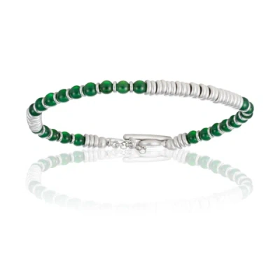 Double Bone Bracelets Men's Green Agata Stone Beaded Bracelet With White Gold Beads Unisex