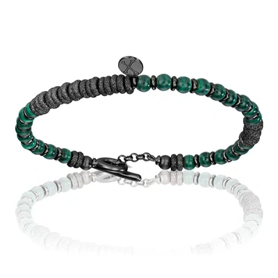 Double Bone Bracelets Men's Green Malaquite Stone Beaded Bracelet With Black Pvd Beads Unisex