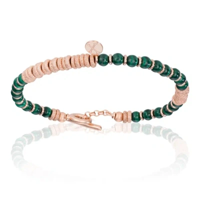 Double Bone Bracelets Men's Green Malaquite Stone Beaded Bracelet With Rose Gold Beads Unisex