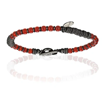 Double Bone Bracelets Men's Red Agate Stone Beaded Bracelet With Black Pvd Beads Unisex In Gray