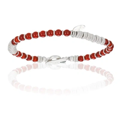 Double Bone Bracelets Men's Red Agate Stone Beaded Bracelet With White Gold Beads Unisex In Multi