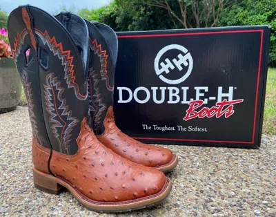 Pre-owned Double-h Boots Double H Men's Cason Authentic Full Quill Ostrich Western Cowboy Boots Dh7024 In Brandy Foot With Black Shaft