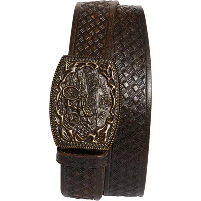 Double Rl Basket Weave Embossed Leather Belt In Black/rrl Vintage Brass