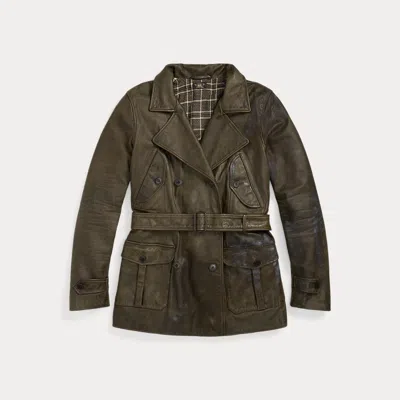 Double Rl Belted Leather Jacket In Antique Black