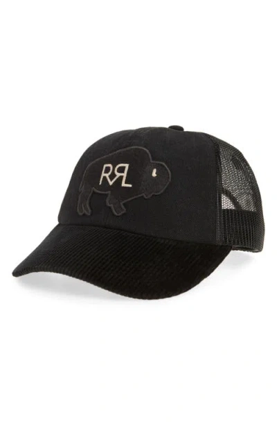 Double Rl Buffalo Logo Patch Trucker Hat In Black