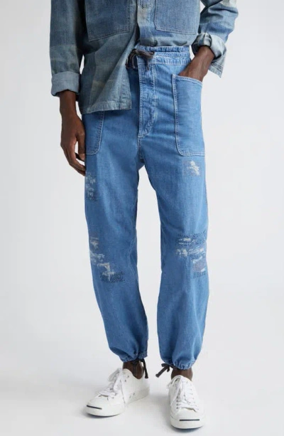 Double Rl Caldwell Ripped Cotton & Linen Chambray Drawstring Trousers In Indigo Wash
