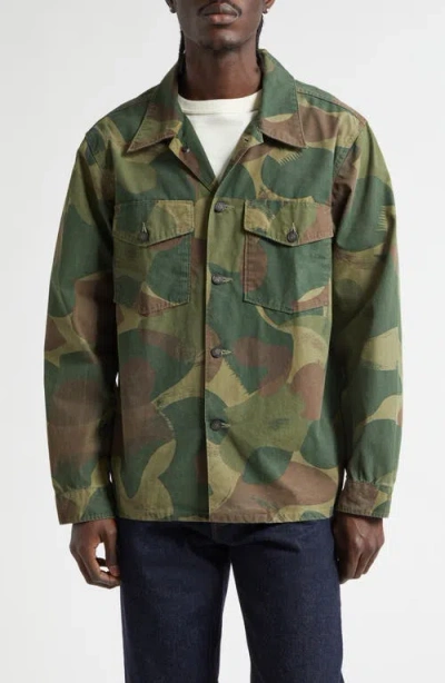 Double Rl Camo Print Cotton Poplin Button-up Overshirt In Green