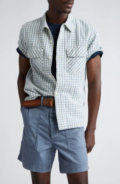 Double Rl Check Short Sleeve Cotton & Linen Button-up Shirt In Indigo/ Creme