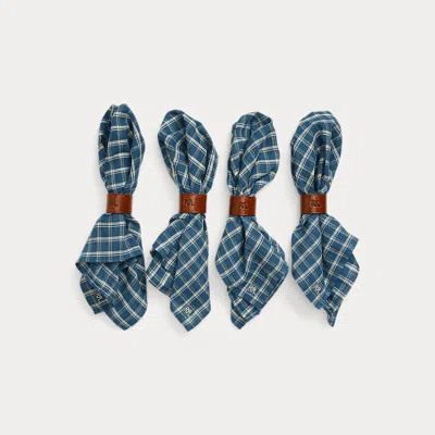 Double Rl Checked Napkin Set With Leather Sliders In Blue