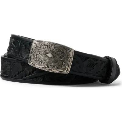 Double Rl Coleman Tooled Leather Belt In Black