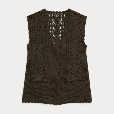 Double Rl Crochet-paneled Knit Cotton Vest In Vintage Brown