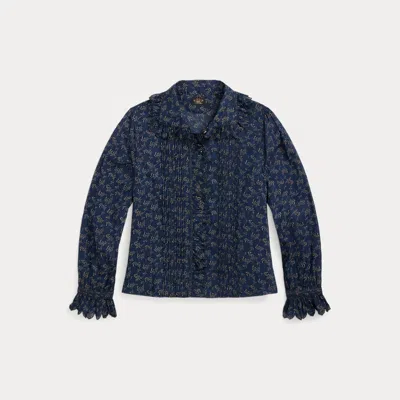 Double Rl Floral-print Pintucked Cotton Blouse In Dark Navy