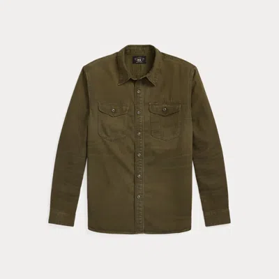 Double Rl Garment-dyed Herringbone Twill Workshirt In Dark Olive