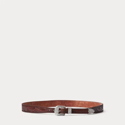 Double Rl Hand-tooled Leather Hat Band In Brown/vintage Silver