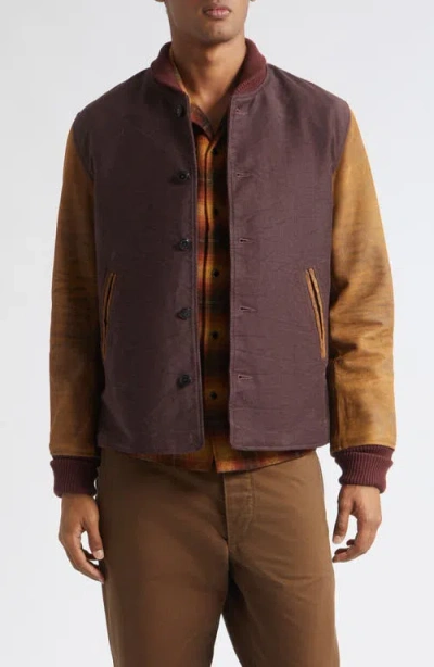 Double Rl Hendee Mixed Media Varsity Jacket In Brown