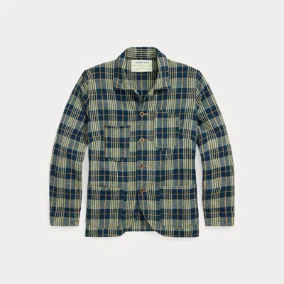 Double Rl Indigo Plaid Cotton-linen Work Jacket In Indigo/tan