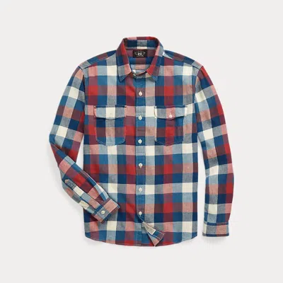 Double Rl Indigo Plaid Cotton-linen Workshirt In Red/indigo