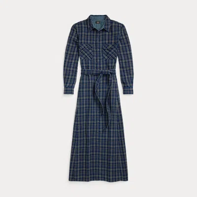 Double Rl Indigo Plaid Double-faced Shirtdress In Dark Indigo