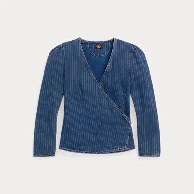Double Rl Indigo Striped Denim Wrap Top In Medium Indigo